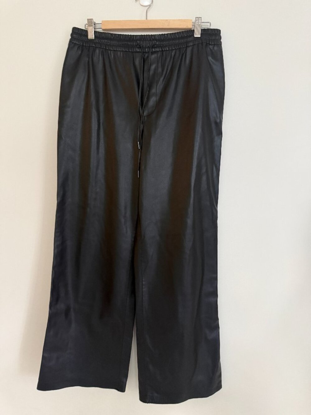 Zara Black High Waist Wide Leg Faux Leather Pull On Elastic Waist Pants Size L